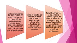 En las alteraciones
del aprendizaje se
menciona que los
problemas de
aprendizaje en
general son un
grupo heterogéneo
de desórdenes en
uno o más procesos
psicológicos básicos
También pueden ser
factores externos
como la relación
social, como la
crianza o las
costumbres, pero
no generan
dificultades para
aprender
Para identificar los
problemas de
aprendizaje en los
niños es importante
estar atento a los
pequeños detalles,
los cuales se
pueden diagnosticar
desde las primeras
etapas de
aprendizaje
 