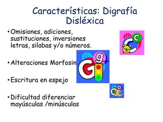 Características: Digrafía
Disléxica
•Omisiones, adiciones,
sustituciones, inversiones
letras, silabas y/o números.
•Alteraciones Morfosintácticas
•Escritura en espejo
•Dificultad diferenciar
mayúsculas /minúsculas
 