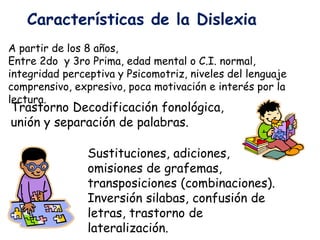 Características de la Dislexia
A partir de los 8 años,
Entre 2do y 3ro Prima, edad mental o C.I. normal,
integridad perceptiva y Psicomotriz, niveles del lenguaje
comprensivo, expresivo, poca motivación e interés por la
lectura.
Sustituciones, adiciones,
omisiones de grafemas,
transposiciones (combinaciones).
Inversión silabas, confusión de
letras, trastorno de
lateralización.
Trastorno Decodificación fonológica,
unión y separación de palabras.
 