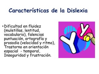 Características de la Dislexia
•Dificultad en fluidez
(muletillas, lentitud,
vocabulario), falencias
puntuación, ortografía y
prosodia (velocidad y ritmo),
Trastorno en orientación
espacial - temporal,
Inseguridad y frustración.
 