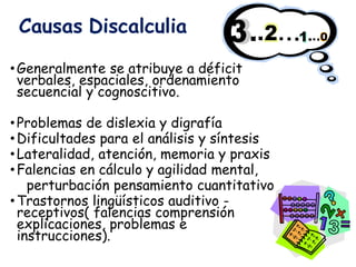 Causas Discalculia
•Generalmente se atribuye a déficit
verbales, espaciales, ordenamiento
secuencial y cognoscitivo.
•Problemas de dislexia y digrafía
•Dificultades para el análisis y síntesis
•Lateralidad, atención, memoria y praxis
•Falencias en cálculo y agilidad mental,
perturbación pensamiento cuantitativo
•Trastornos lingüísticos auditivo -
receptivos( falencias comprensión
explicaciones, problemas e
instrucciones).
 
