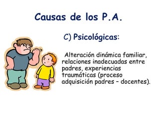 Causas de los P.A.
C) Psicológicas:
Alteración dinámica familiar,
relaciones inadecuadas entre
padres, experiencias
traumáticas (proceso
adquisición padres – docentes).
 