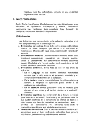 12
negativas hacia las matemáticas, entrando en una circularidad
negativa de difícil solución.
3. BASES PSICOLÓGICAS
Según Rourke, los niños con dificultades para las matemáticas tienden a ser
deficientes en organización viso-espacial y síntesis, coordinación
psicomotora fina, habilidades tacto-perceptivas finas, formación de
conceptos y habilidades de solución de problemas.
(A) Deficiencias
Las deficiencias que parecen incidir en la realización matemática en el
niño con problemas para el aprendizaje son:
a. Deficiencias perceptivas. Sobre todo en tres áreas problemáticas
básicas de orden perceptivo que afectan a la realización en
matemáticas: diferenciación figura-fondo, discriminación y orientación
espacial.
b. Deficiencias de memoria. Las deficiencias de memoria a corto plazo
impiden el reconocimiento espontáneo de números auditiva,
visual o gráficamente. Las deficiencias de memoria secuencias
causan dificultades a la hora de contar, en el conocimiento de qué
número va antes o después de otro dado.
c. Deficiencias simbólicas. Sobre todo se dan en tres áreas de
aplicación:
 En el Lenguaje, ya que resolver problemas matemáticos
requiere que el niño entienda el vocabulario asociado y su
comprensión limitada influirá en la realización.
 En la Lectura, pues la incapacidad para decodificar palabras y
números e interpretar su significado puede afectar a las
realizaciones matemáticas.
 En la Escritura, hechos particulares como la habilidad para
ejecutar el acto motor y el escribir, afectan a la realización
aritmética.
d. Deficiencias cognitivas. La comprensión de la lectura es básica
para entender el vocabulario matemático y los problemas antes de
que puedan resolverse. Si el pensamiento es erróneo, es decir si el
niño muestra una falta de continuidad, un razonamiento lento o
dificultad de comprensión de relaciones causa-efecto, la
realización matemática se verá afectada negativamente.
e. Trastornos de conducta. Ciertos patrones de comportamiento son
perjudiciales para un buen rendimiento matemático tales como la
impulsividad, perseverancia y corto tiempo de atención.
 