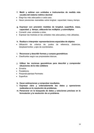14
f. Medir y estimar con unidades e instrumentos de medida más
usuales del sistema métrico decimal
 Elegir los más adecuados a cada caso.
 Hacer previsiones razonables sobre longitud, capacidad, masa y tiempo.
g. Expresar con precisión medidas de longitud, superficie, masa,
capacidad y tiempo, utilizando los múltiplos y submúltiplos
 Convertir unas unidades a otras.
 Expresar las medidas en las unidades más adecuadas y más utilizadas.
h. Realizar e interpretar representaciones espaciales de objetos
 Utilización de criterios de: puntos de referencia, distancias,
desplazamientos y ejes de coordenadas.
i. Reconocer y describir formas y cuerpos geométricos
 Clasificarlos según sus propiedades básicas.
j. Utilizar las nociones geométricas para describir y comprender
situaciones de la vida cotidiana
 Simetría
 Paralelismo
 Perpendicularidad Perímetro
 Superficie
k. Hacer estimaciones y comprobar resultados.
l. Expresar clara y ordenadamente los datos y operaciones
realizadas en la resolución de problemas.
m. Perseverar en la búsqueda de datos y soluciones precisas en la
formulación y la resolución de un problema.
 