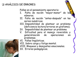  ANÁLISIS DE ERRORES
Fallas en el pensamiento operatorio:
I. Falta de noción “mayor-menor” de los
números.
II. Falta de noción “antes-después” en las
series numéricas.
III. Imposibilidad de plantear un problema
(deficiencia lectora/errores en grafismo).
IV. Imposibilidad de plantear un problema
V. Dificultad para el manejo reversible y
generalización de operaciones en
problemas.
VI. Fallas lingüísticas.
VII. Sobre carga y fatiga mental.
VIII. Bloqueos y desajustes emocionales.
IX. Errores pedagógicos.
 