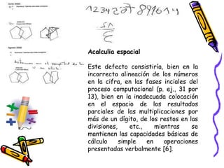 Acalculia espacial
Este defecto consistiría, bien en la
incorrecta alineación de los números
en la cifra, en las fases inciales del
proceso computacional (p. ej., 31 por
13), bien en la inadecuada colocación
en el espacio de los resultados
parciales de las multiplicaciones por
más de un dígito, de los restos en las
divisiones, etc., mientras se
mantienen las capacidades básicas de
cálculo simple en operaciones
presentadas verbalmente [6].
 