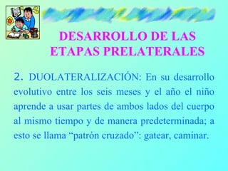 DESARROLLO DE LAS
        ETAPAS PRELATERALES
2. DUOLATERALIZACIÓN: En su desarrollo
evolutivo entre los seis meses y el año el niño
aprende a usar partes de ambos lados del cuerpo
al mismo tiempo y de manera predeterminada; a
esto se llama “patrón cruzado”: gatear, caminar.
 