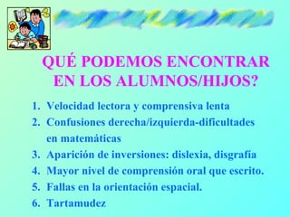 QUÉ PODEMOS ENCONTRAR
   EN LOS ALUMNOS/HIJOS?
1. Velocidad lectora y comprensiva lenta
2. Confusiones derecha/izquierda-dificultades
   en matemáticas
3. Aparición de inversiones: dislexia, disgrafía
4. Mayor nivel de comprensión oral que escrito.
5. Fallas en la orientación espacial.
6. Tartamudez
 