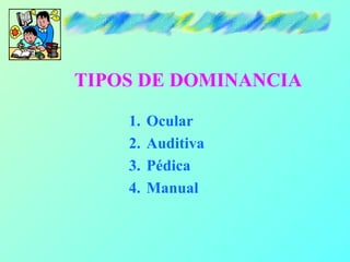 TIPOS DE DOMINANCIA

    1.   Ocular
    2.   Auditiva
    3.   Pédica
    4.   Manual
 
