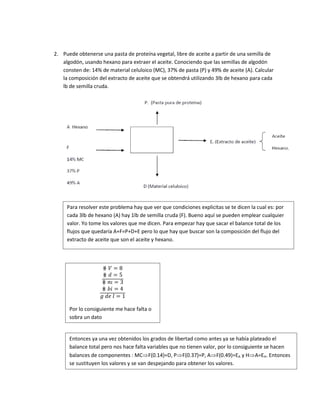 2. Puede obtenerse una pasta de proteína vegetal, libre de aceite a partir de una semilla de
   algodón, usando hexano para extraer el aceite. Conociendo que las semillas de algodón
   consten de: 14% de material celuloico (MC), 37% de pasta (P) y 49% de aceite (A). Calcular
   la composición del extracto de aceite que se obtendrá utilizando 3lb de hexano para cada
   lb de semilla cruda.




     Para resolver este problema hay que ver que condiciones explicitas se te dicen la cual es: por
     cada 3lb de hexano (A) hay 1lb de semilla cruda (F). Bueno aquí se pueden emplear cualquier
     valor. Yo tome los valores que me dicen. Para empezar hay que sacar el balance total de los
     flujos que quedaría A+F=P+D+E pero lo que hay que buscar son la composición del flujo del
     extracto de aceite que son el aceite y hexano.




      Por lo consiguiente me hace falta o
      sobra un dato


      Entonces ya una vez obtenidos los grados de libertad como antes ya se había plateado el
      balance total pero nos hace falta variables que no tienen valor, por lo consiguiente se hacen
      balances de componentes : MC F(0.14)=D, P F(0.37)=P, A F(0.49)=EA y H A=EH. Entonces
      se sustituyen los valores y se van despejando para obtener los valores.
 