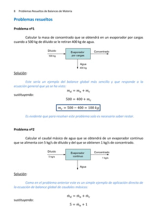8

Problemas Resueltos de Balances de Materia

Problemas resueltos
Problema nº1
Calcular la masa de concentrado que se obtendrá en un evaporador por cargas
cuando a 500 kg de diluido se le retiran 400 kg de agua.

Solución:
Este sería un ejemplo del balance global más sencillo y que responde a la
ecuación general que ya se ha visto:
sustituyendo:

Es evidente que para resolver este problema solo es necesario saber restar.

Problema nº2
Calcular el caudal másico de agua que se obtendrá de un evaporador continuo
que se alimenta con 5 kg/s de diluido y del que se obtienen 1 kg/s de concentrado.

Solución:
Como en el problema anterior este es un simple ejemplo de aplicación directa de
la ecuación de balance global de caudales másicos:
̇
sustituyendo:

̇
̇

̇

 