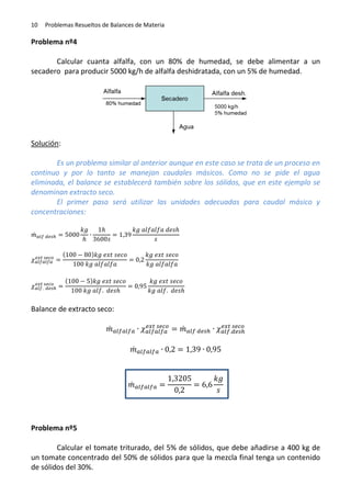 10

Problemas Resueltos de Balances de Materia

Problema nº4
Calcular cuanta alfalfa, con un 80% de humedad, se debe alimentar a un
secadero para producir 5000 kg/h de alfalfa deshidratada, con un 5% de humedad.

Solución:
Es un problema similar al anterior aunque en este caso se trata de un proceso en
continuo y por lo tanto se manejan caudales másicos. Como no se pide el agua
eliminada, el balance se establecerá también sobre los sólidos, que en este ejemplo se
denominan extracto seco.
El primer paso será utilizar las unidades adecuadas para caudal másico y
concentraciones:
̇
(

(

)

)

Balance de extracto seco:
̇

̇
̇

̇

Problema nº5
Calcular el tomate triturado, del 5% de sólidos, que debe añadirse a 400 kg de
un tomate concentrado del 50% de sólidos para que la mezcla final tenga un contenido
de sólidos del 30%.

 