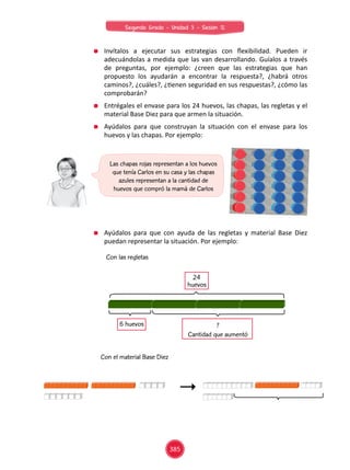 Invítalos a ejecutar sus estrategias con flexibilidad. Pueden ir
adecuándolas a medida que las van desarrollando. Guíalos a través
de preguntas, por ejemplo: ¿creen que las estrategias que han
propuesto los ayudarán a encontrar la respuesta?, ¿habrá otros
caminos?, ¿cuáles?, ¿tienen seguridad en sus respuestas?, ¿cómo las
comprobarán?
	 Entrégales el envase para los 24 huevos, las chapas, las regletas y el
material Base Diez para que armen la situación.
	 Ayúdalos para que construyan la situación con el envase para los
huevos y las chapas. Por ejemplo:
	 Ayúdalos para que con ayuda de las regletas y material Base Diez
puedan representar la situación. Por ejemplo:
Las chapas rojas representan a los huevos
que tenía Carlos en su casa y las chapas
azules representan a la cantidad de
huevos que compró la mamá de Carlos
	
  
24
huevos
Con las regletas
Con el material Base Diez
6 huevos ?
Cantidad que aumentó
	
  
385
Segundo Grado - Unidad 3 - Sesión 12
 