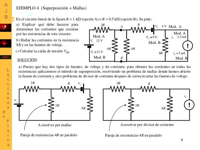 EJEMPLO 4 (Superposición + Mallas)
En el circuito lineal de la figura R = 1 k (opción A) o R = 0.5 k
a) Explicar qué debe ...