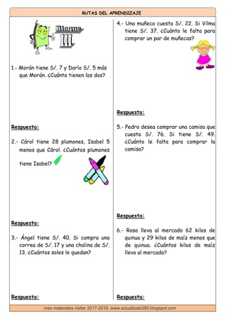 RUTAS DEL APRENDIZAJE
4.- Una muñeca cuesta S/. 22. Si Vilma
tiene S/. 37. ¿Cuánto le falta para
comprar un par de muñecas?
1.- Morán tiene S/. 7 y Darío S/. 5 más
que Morán. ¿Cuánto tienen los dos?
Respuesta:
2.- Cárol tiene 28 plumones, Isabel 5
menos que Cárol. ¿Cuántos plumones
tiene Isabel?
Respuesta:
3.- Ángel tiene S/. 40. Si compra una
correa de S/. 17 y una chalina de S/.
13. ¿Cuántos soles le quedan?
Respuesta:
Respuesta:
5.- Pedro desea comprar una camisa que
cuesta S/. 76. Si tiene S/. 49.
¿Cuánto le falta para comprar la
camisa?
Respuesta:
6.- Rosa lleva al mercado 62 kilos de
quinua y 29 kilos de maíz menos que
de quinua. ¿Cuántos kilos de maíz
lleva al mercado?
Respuesta:
mas materiales visitar 2017-2018: www.actualizate360.blogspot.com
 