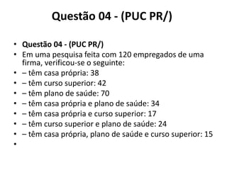 Questão 04 - (PUC PR/)
• Questão 04 - (PUC PR/)
• Em uma pesquisa feita com 120 empregados de uma
firma, verificou-se o seguinte:
• – têm casa própria: 38
• – têm curso superior: 42
• – têm plano de saúde: 70
• – têm casa própria e plano de saúde: 34
• – têm casa própria e curso superior: 17
• – têm curso superior e plano de saúde: 24
• – têm casa própria, plano de saúde e curso superior: 15
•
 