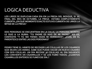 LOS LIRIOS SE DUPLICAN CADA DÍA EN LA PRESA DEL BOSQUE, SI AL
FINAL DEL MES DE OCTUBRE, LA PRESA ESTABA COMPLETAMENTE
CUBIERTA.¿EN QUÉ MOMENTO EXACTO ESTUVO CUBIERTA DE LIRIOS LA
MITAD DE LA PRESA?
DOS PERSONAS SE ENCUENTRAN EN LA CALLE, LA PERSONA MORENA
LE DIJO A LA RUBIA: “TU PADRE ES HIJO DE MI PADRE”. ASÍ ES,
CONTESTÓ “Y TÚ NO TIENES HIJOS NI HERMANOS”. ¿CUÁL ES EL
PARENTESCO ENTRE LAS DOS PERSONAS?
PEDRO TIENE EL HÁBITO DE RECOGER LAS COLILLAS DE LOS CIGARROS
QUE DEJAN LOS DEMÁS. SABE QUE PUEDE HACER UN NUEVO CIGARRO
CON SEIS COLILLAS. UN DÍA RECOGE 36 COLILLAS. AL DÍA SIGUIENTE
LOS CONVIERTE EN CIGARRILLOS Y SE LOS FUMÓ TODOS. ¿CUÁNTOS
CIGARRILLOS ENTEROS SE FUMÓ ESE DÍA.?
LOGICA DEDUCTIVA
 