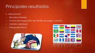 Principales resultados 
 Mecanismos: 
1. Elevados intereses 
2. Control de la expansión de medios de pagos y créditos 
3. Cambio valorizado 
4. Presupuesto fiscal 
 