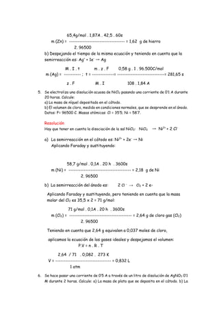 65,4g/mol . 1,87A . 42,5 . 60s
m (Zn) = --------------------------------- = 1,62 g de hierro
2. 96500
b) Despejando el tiempo de la misma ecuación y teniendo en cuenta que la
semirreacción es: Ag+
+ 1e-
→ Ag
M . I . t m . z . F 0,58 g . 1 . 96.500C/mol
m (Ag) = ---------- ; t = -------------= ----------------------------= 281,65 s
z . F M . I 108 . 1,84 A
5. Se electroliza una disolución acuosa de NiCl2 pasando una corriente de 0’1 A durante
20 horas. Calcule:
a) La masa de níquel depositada en el cátodo.
b) El volumen de cloro, medido en condiciones normales, que se desprende en el ánodo.
Datos: F= 96500 C. Masas atómicas: Cl = 35’5; Ni = 58’7.
Resolución
Hay que tener en cuenta la disociación de la sal NiCl2: NiCl2 → Ni2+
+ 2 Cl-
a) La semirreacción en el cátodo es: Ni2+
+ 2e-
→ Ni
Aplicando Faraday y sustituyendo:
58,7 g/mol . 0,1A . 20 h . 3600s
m (Ni) = ------------------------------------- = 2,18 g de Ni
2. 96500
b) La semirreacción del ánodo es: 2 Cl -
→ Cl2 + 2 e-
Aplicando Faraday y sustituyendo, pero teniendo en cuenta que la masa
molar del Cl2 es 35,5 x 2 = 71 g/mol:
71 g/mol . 0,1A . 20 h . 3600s
m (Cl2) = ------------------------------------- = 2,64 g de cloro gas (Cl2)
2. 96500
Teniendo en cuenta que 2,64 g equivalen a 0,037 moles de cloro,
aplicamos la ecuación de los gases ideales y despejamos el volumen:
P.V = n . R . T
2,64 / 71 . 0,082 . 273 K
V = --------------------------------- = 0,832 L
1 atm
6. Se hace pasar una corriente de 0’5 A a través de un litro de disolución de AgNO3 0’1
M durante 2 horas. Calcule: a) La masa de plata que se deposita en el cátodo. b) La
 