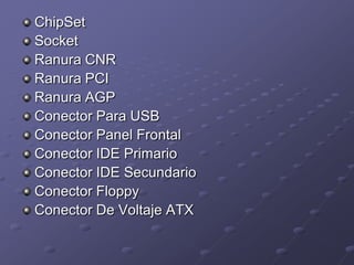 ChipSet
Socket
Ranura CNR
Ranura PCI
Ranura AGP
Conector Para USB
Conector Panel Frontal
Conector IDE Primario
Conector IDE Secundario
Conector Floppy
Conector De Voltaje ATX
 