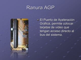 Ranura AGP

    El Puerto de Aceleración
    Gráfica, permite colocar
    tarjetas de video que
    tengan acceso directo al
    bus del sistema.
 