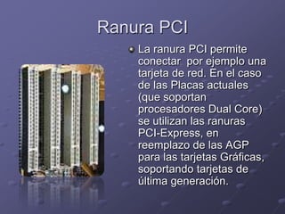 Ranura PCI
    La ranura PCI permite
    conectar por ejemplo una
    tarjeta de red. En el caso
    de las Placas actuales
    (que soportan
    procesadores Dual Core)
    se utilizan las ranuras
    PCI-Express, en
    reemplazo de las AGP
    para las tarjetas Gráficas,
    soportando tarjetas de
    última generación.
 