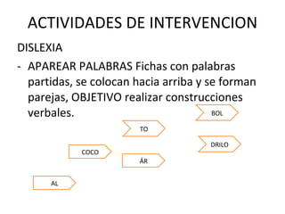 ACTIVIDADES DE INTERVENCION DISLEXIA APAREAR PALABRAS Fichas con palabras partidas, se colocan hacia arriba y se forman parejas, OBJETIVO realizar construcciones verbales. ÁR BOL COCO TO AL DRILO 