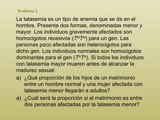 Problema 3 La talasemia es un tipo de anemia que se da en el hombre. Presenta dos formas, denominadas menor y mayor. Los individuos gravemente afectados son homocigotos recesivos ( T M T M ) para un gen. Las personas poco afectadas son heterocigotos para dicho gen. Los individuos normales son homocigotos dominantes para el gen ( T N T N ). Si todos los individuos con talasemia mayor mueren antes de alcanzar la madurez sexual : ¿ Q ué proporción de los hijos de un matrimonio entre un hombre normal y una mujer afectada con talasemia menor llegarán a adultos?  ¿Cuál será la proporción si el matrimonio es entre dos personas afectadas por la talasemia menor? 