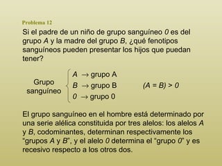Problema 12 Si el padre de un niño de grupo sanguíneo  0  es del grupo  A  y la madre del grupo  B , ¿qué fenotipos sanguíneos pueden presentar los hijos que puedan tener?  Grupo sanguíneo A     grupo A B    grupo B (A = B)  >  0 0    grupo 0 El grupo sanguíneo en el hombre está determinado por una serie alélica constituida por tres alelos: los alelos  A  y  B , codominantes, determinan respectivamente los “grupos  A  y  B ”, y el alelo  0  determina el “grupo  0 ” y es recesivo respecto a los otros dos. 