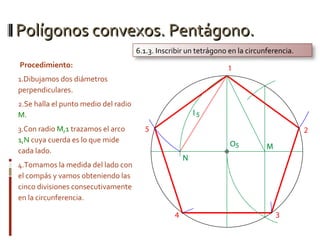 Polígonos convexos. Pentágono.Polígonos convexos. Pentágono.
Procedimiento:
1.Dibujamos dos diámetros
perpendiculares.
2.Se halla el punto medio del radio
M.
3.Con radio M,1 trazamos el arco
1,N cuya cuerda es lo que mide
cada lado.
4.Tomamos la medida del lado con
el compás y vamos obteniendo las
cinco divisiones consecutivamente
en la circunferencia.
6.1.3. Inscribir un tetrágono en la circunferencia.
 
