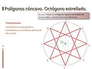 Polígonos cóncavo. Octógono estrellado.Polígonos cóncavo. Octógono estrellado.
Procedimiento:
1.Dividimos en ocho partes la
circunferencia y unimos los vértices de
tres en tres.
6.1.10. Trazar un octágono regular estrellado de
tercer orden, inscrito en la circunferencia.
 