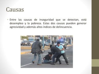 Causas 
• Entre las causas de inseguridad que se detectan, está 
desempleo y la pobreza. Estas dos causas pueden generar 
agresividad y además altos índices de delincuencia. 
 