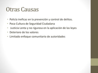 Otras Causas 
• Policía ineficaz en la prevención y control de delitos. 
• Poca Cultura de Seguridad Ciudadana 
• Justicia Lenta y no rigurosa en la aplicación de las leyes 
• Deterioro de los valores 
• Limitado enfoque comunitario de autoridades 
 