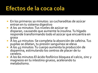  En los primeros 10 minutos: 10 cucharaditas de azúcar
entran en tu sistema digestivo
 A los 20 minutos:Tus niveles de azúcar se
disparan, causando que aumente la insulina.Tu hígado
responde transformando todo el azúcar que encuentra en
grasa
 A los 40 minutos: Se completa la absorción de cafeína.Tus
pupilas se dilatan, tu presión sanguínea se eleva
 A los 45 minutos:Tu cuerpo aumenta la producción de
dopamina, estimulando los centros de placer de tu
cerebro.
 A los 60 minutos El ácido fosfórico bloquea el calcio, zinc y
magnesio en tu intestino grueso, acelerando tu
metabolismo.
 
