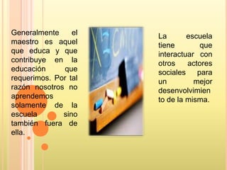 Generalmente     el   La       escuela
maestro es aquel      tiene        que
que educa y que       interactuar con
contribuye en la      otros    actores
educación     que     sociales    para
requerimos. Por tal   un         mejor
razón nosotros no     desenvolvimien
aprendemos            to de la misma.
solamente de la
escuela       sino
también fuera de
ella.
 