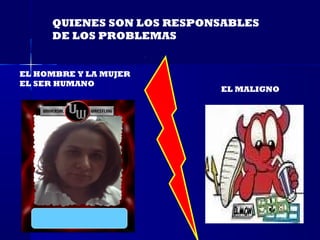 QUIENES SON LOS RESPONSABLES
     DE LOS PROBLEMAS


EL HOMBRE Y LA MUJER
EL SER HUMANO
                           EL MALIGNO
 