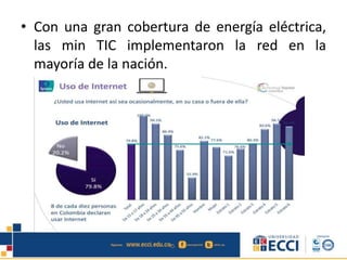 • Con una gran cobertura de energía eléctrica,
las min TIC implementaron la red en la
mayoría de la nación.
 