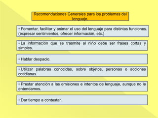 Recomendaciones Generales para los problemas del
lenguaje.
• Fomentar, facilitar y animar el uso del lenguaje para distintas funciones.
(expresar sentimientos, ofrecer información, etc.)
• La información que se trasmite al niño debe ser frases cortas y
simples.
• Hablar despacio.
• Utilizar palabras conocidas, sobre objetos, personas o acciones
cotidianas.
• Prestar atención a las emisiones e intentos de lenguaje, aunque no le
entendamos.
• Dar tiempo a contestar.
 