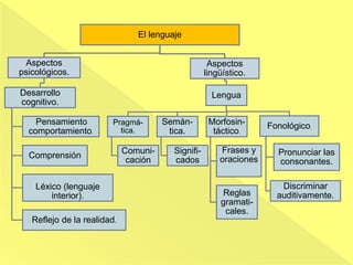 El lenguaje
Aspectos
psicológicos.
Desarrollo
cognitivo.
Pensamiento
comportamiento.
Comprensión
Léxico (lenguaje
interior).
Reflejo de la realidad.
Aspectos
lingüístico.
Lengua
Pragmá-
tica.
Comuni-
cación
Semán-
tica.
Signifi-
cados
Morfosin-
táctico.
Frases y
oraciones
Reglas
gramati-
cales.
Fonológico.
Pronunciar las
consonantes.
Discriminar
auditivamente.
 