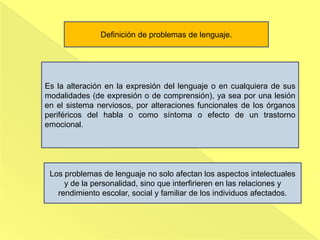 Es la alteración en la expresión del lenguaje o en cualquiera de sus
modalidades (de expresión o de comprensión), ya sea por una lesión
en el sistema nerviosos, por alteraciones funcionales de los órganos
periféricos del habla o como síntoma o efecto de un trastorno
emocional.
Definición de problemas de lenguaje.
Los problemas de lenguaje no solo afectan los aspectos intelectuales
y de la personalidad, sino que interfirieren en las relaciones y
rendimiento escolar, social y familiar de los individuos afectados.
 