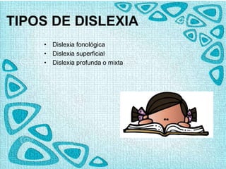 TIPOS DE DISLEXIA
• Dislexia fonológica
• Dislexia superficial
• Dislexia profunda o mixta
 