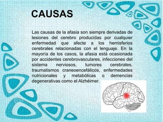 CAUSAS
Las causas de la afasia son siempre derivadas de
lesiones del cerebro producidas por cualquier
enfermedad que afecte a los hemisferios
cerebrales relacionadas con el lenguaje. En la
mayoría de los casos, la afasia está ocasionada
por accidentes cerebrovasculares, infecciones del
sistema nerviosos, tumores cerebrales,
traumatismos craneoencefálicos, enfermedades
nutricionales y metabólicas o demencias
degenerativas como el Alzhéimer.
 