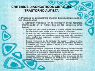 CRITERIOS DIAGNÓSTICOS CIE-10 DEL
TRASTORNO AUTISTA
A. Presencia de un desarrollo anormal-disfuncional antes de los
tres años de edad.
• 1. Alteración cualitativa en la interacción social recíproca
(manifestado en al menos tres de las siguientes cinco
áreas):
– Incapacidad para utilizar la mirada, la postura corporal, la expresión
facial y el gesto para regular adecuadamente la interacción.
– Incapacidad para desarrollar (de modo adecuado a la edad mental y
a pesar de contar con ocasiones numerosas para ello) relaciones
entre iguales que supongan compartir intereses, actividades y
emociones mutuas.
– Escasa frecuencia de la conducta de buscar y utilizar a otras
personas como apoyo o para recibir afecto en momentos de tensión
o malestar y/o ofrecer apoyo y afecto a otros cuando muestran
malestar o indiferencia.
– Carencia de alegría compartida a partir de placer vicario causado
por la felicidad de otras personas y/o búsqueda espontánea de
compartir su propia alegría relacionándose con los demás.
– Carencia de reciprocidad socioemocional, evidenciada mediante las
respuestas disfuncionales o desviadas a las emociones de las
demás personas; y/o carencia de modulación de la conducta de
acuerdo al contexto social; y/o integración socioemocional y
conductas comunicativas escasas.
 
