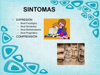 SINTOMAS
• EXPRESIÓN
– Nivel Fonológico
– Nivel Semántico
– Nivel Morfosintáctico
– Nivel Pragmático
• COMPRENSIÓN
 