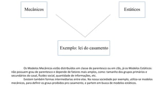 Mecânicos Estáticos
Exemplo: lei do casamento
Os Modelos Mecânicos estão distribuídos em classe de parentesco ou em clãs, já os Modelos Estáticos:
não possuem grau de parentesco e depende de fatores mais amplos, como: tamanho dos grupos primários e
secundários do casal, fluidez social, quantidade de informações, etc.
Existem também formas intermediarias entre elas. Na nossa sociedade por exemplo, utiliza-se modelos
mecânicos, para definir os graus proibidos pro casamento, e partem em busca de modelos estáticos.
 