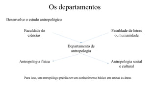 Os departamentos
Desenvolve o estudo antropológico
Departamento de
antropologia
Faculdade de
ciências
Faculdade de letras
ou humanidade
Antropologia física Antropologia social
e cultural
Para isso, um antropólogo precisa ter um conhecimento básico em ambas as áreas
 