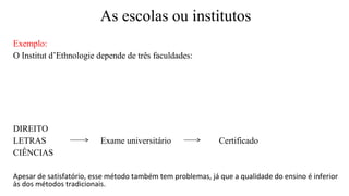 As escolas ou institutos
Exemplo:
O Institut d’Ethnologie depende de três faculdades:
DIREITO
LETRAS Exame universitário Certificado
CIÊNCIAS
Apesar de satisfatório, esse método também tem problemas, já que a qualidade do ensino é inferior
às dos métodos tradicionais.
 