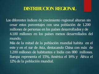 DISTRIBUCION REGIONA
L
Los diferentes índices de crecimiento regional alteran sin
cesar estos porcentajes con una población de 1.200
millones de personas en los países desarrolladosy de
4.100 millones en los países menos desarrollados del
mundo.
Más de la mitad de la población mundial habita en el
este y en el sur de Asia, destacando China con más de
1.200 millones de habitantes e India con 880 millones.
Europa representa el 15%, América el 14% y África el
12%de la población mundial.
 