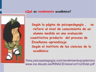 Www.psicopedagogía.com/rendimientoacademico
www.ice.deusto.es/RINACE/reice/vol1n2/Edel.pdf
¿Qué es rendimiento académico?
Según la página de psicopedagogía , se
refiere al nivel de conocimiento de un
alumno medido en una evaluación
cuantitativa producto del proceso de
Enseñanza-aprendizaje
Según el instituto de las ciencias de la
académico
 