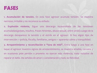 FASES
1. Acumulación de tensión, En esta fase agresor acumula tensión. Se muestra
nervioso, irritable y no reconoce su enfado.
2. Explosión violenta, Sigue una descarga incontrolada de las tensiones
acumuladas(golpes, insultos, frases hirientes, abuso sexual, entre otras).Luego de la
descarga desaparece la tensión y el estrés en el agresor. Si hay algún tipo de
intervención —policía, fiscalía, familiares, amigos— aparenta calma y tranquilidad.
3. Arrepentimiento y reconciliación o “luna de miel”, Entra luego a una fase en
laque el agresor muestra signos de arrepentimiento, se muestra amable, cercano y
en ocasiones pide perdón o promete no ejercer más violencia, trata inclusive de
reparar el daño. Da señales de amor y consideración y todo es felicidad.
 